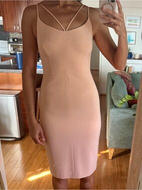 Blush Bodycon Midi Dress with Strappy Neckline
